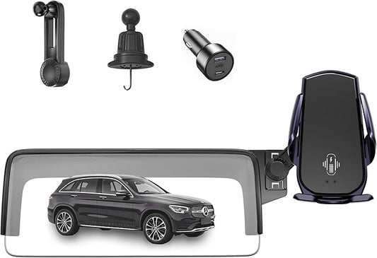 Car Phone Mount for 2023-2026 Mercedes Benz GLC / 2022-2026 C-Class, Smart Auto-Clamping on 12.3" Instrument Cluster Screen, 15W Wireless Fast Charging, 360° Adjustable, Without Blocking Airflow