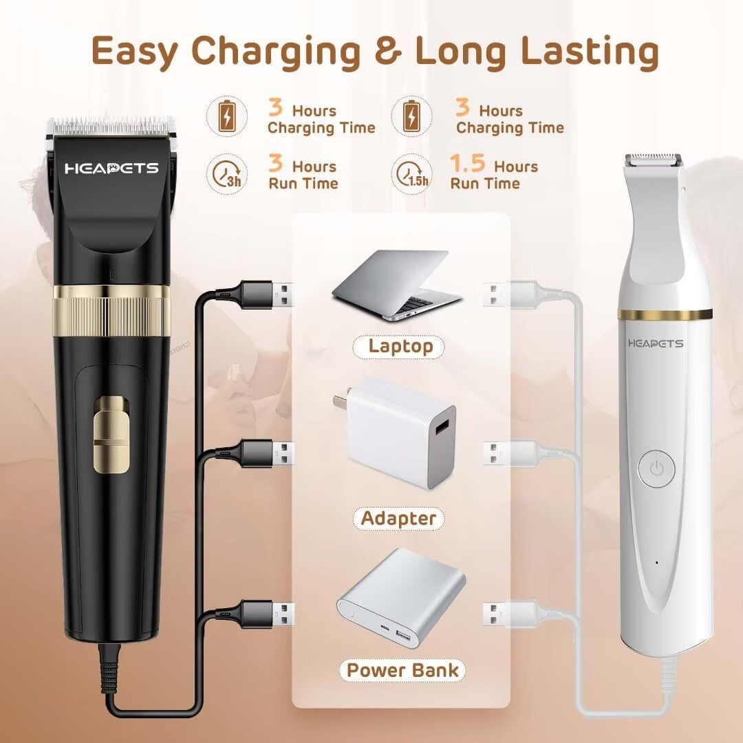 HEAPETS Dog Hair Clippers for Grooming Kit and Dog Paw Trimmer Nail Grinder for Grooming, Low Noise Rechargeable Cordless, Shaver Grooming Supplies for Pet Cats Dogs (Black, White)