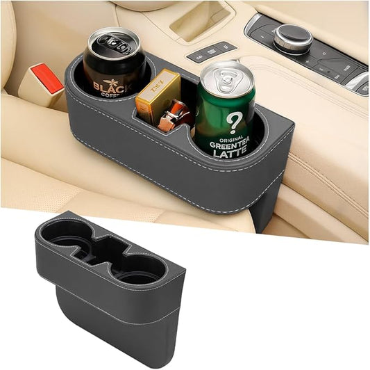 Car Seat Gap Filler Organizer with Cup Holder, Leather Multifunctional Vehicle Front Seat Crevice Storage Box Bag, Automotive Console Side Bucket Pocket, Universal Fit (Gray)