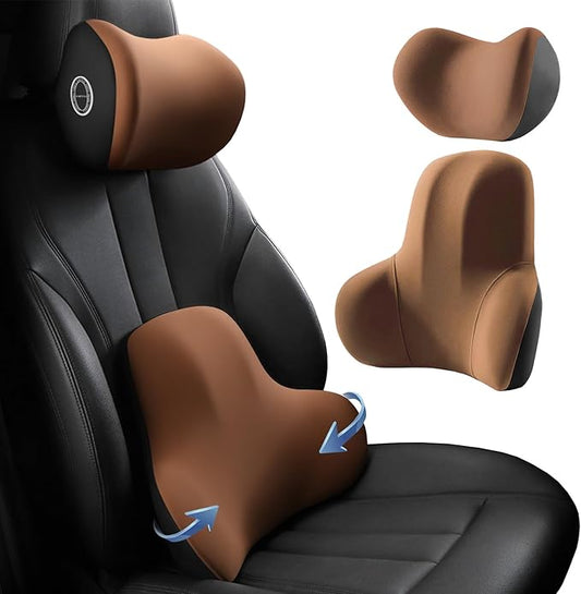 Car Headrest & Lumbar Support Cushion, Car Headrest Pillow, Ergonomic Car Seat Lumbar Cushion for Pain Relief, Memory Foam & Breathable Removable Cover, Car Neck Pillow for Driving, Traveling (Brown)