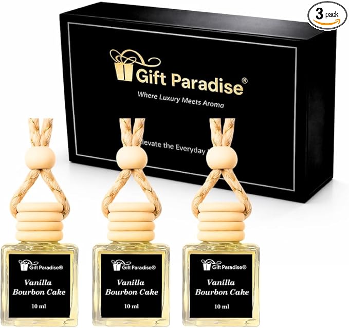 Gift Paradise® Vanilla Bourbon Cake Car Air Freshener Set of 3 (10 ml Each) – Premium Hanging Diffuser with Magnetic Luxury Gift Box, Sweet Vanilla Cake & Warm Bourbon Scent, Long Lasting Car Perfume