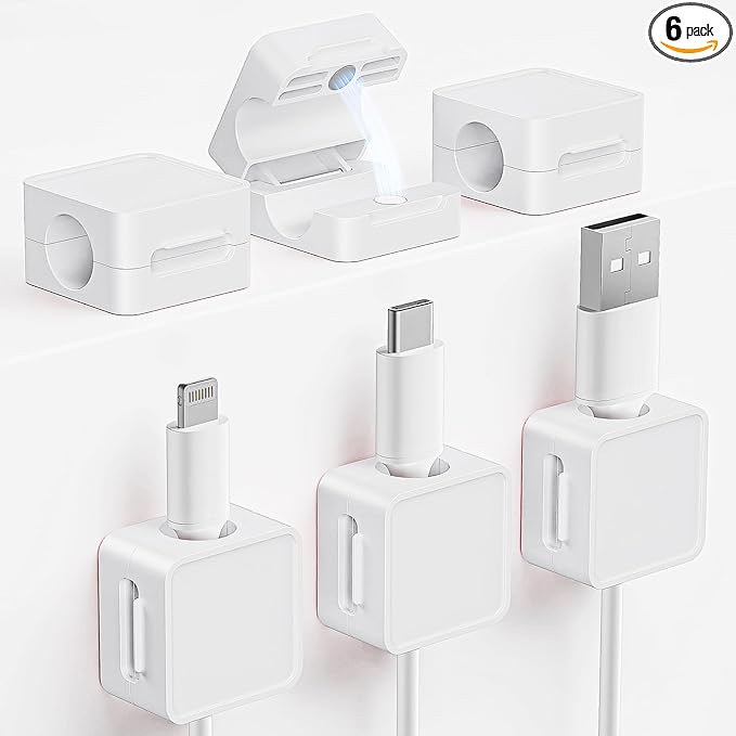 Cord Holder, 6 Pack Magnetic Cable Clips, Adhesive Cord Holder for Nightstand Desk Organizer Car Wall Office Phone Wire Keeper, Clear White