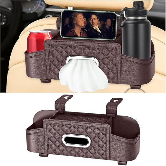 Car Headrest Backseat Organizer, Multifunctional Vehicle Seat Back Hanging Storage Box with Cup Holder and Hooks, Automotive Interior Headrest Storage Organizer, Universal Fit (Brown)