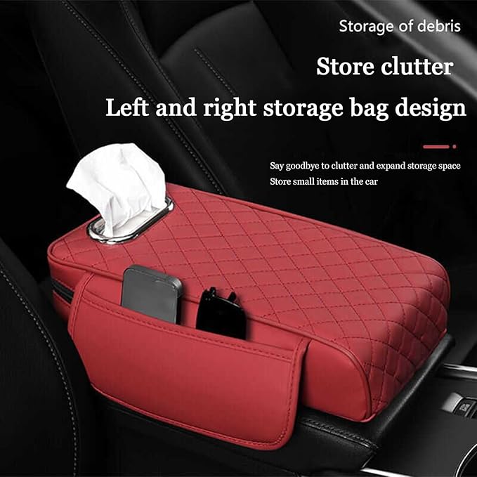 Car Center Console Cover for Toyota Highlander 3.Generation 2013-2020, Leather Car Arm Rest Cover, Car Armrest Cushion with 2 Storage Bags Car Center Console Armrest Pad, C Black+Red