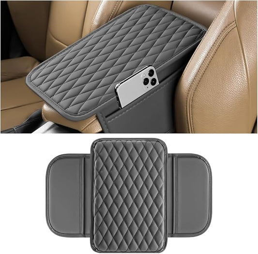 Car Armrest Cushion Pad, Leather Vehicle Center Console Cover with 2 Storage Bags, Non-Slip Automotive Interior Arm Rest Seat Box Cover Accessories, Universal for SUV RV Sedan (Silver Gray)