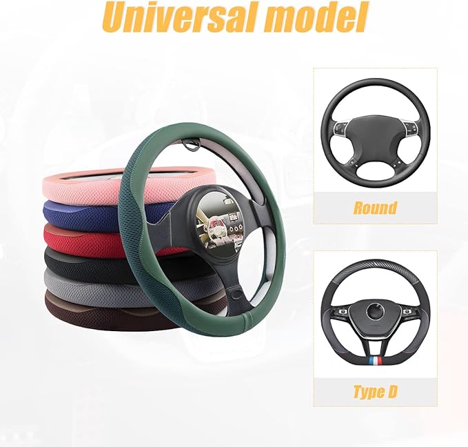 Car Steering Wheel Cover, Microfiber Breathable Ice Silk Leather Steering Wheel Cover Soft Anti-Slip Safety, 15inch Four Season Universal Fits for Most Truck,SUV,Cars (Green)