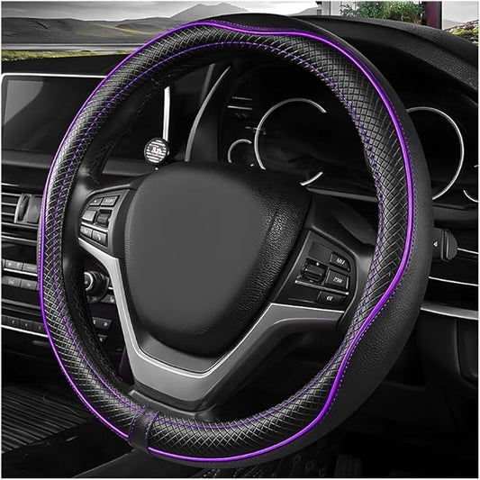 Car Steering Wheel Cover, 15 Inch Anti-Slip Breathable Leather Auto Steering Wheel Protector, Full Surround Soft Steering Wheel Cover for Men Women, Car Interior Accessories (Black & Purple)