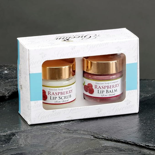 Grecian Ultimate Lip Care Gift Set Raspberry Flavor - All-Natural Handmade Lip Scrub Exfoliator & Lip Balm for Dark Lips, 4 Flavors, Lip Lightening & Hydration, Soft and Plump 2oz