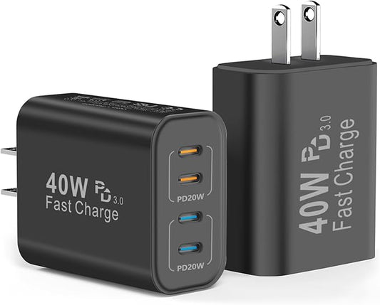 40W USB C Charger Block, 2-Pack, 4 USBC Ports, Type C Wall Plug USB-C Fast Charging, iPhone Charger Adapter Box Cube for iPhone 17,17 Pro, 17 Pro Max,16, 15, 14, 13, 12, Samsung Phone-Black