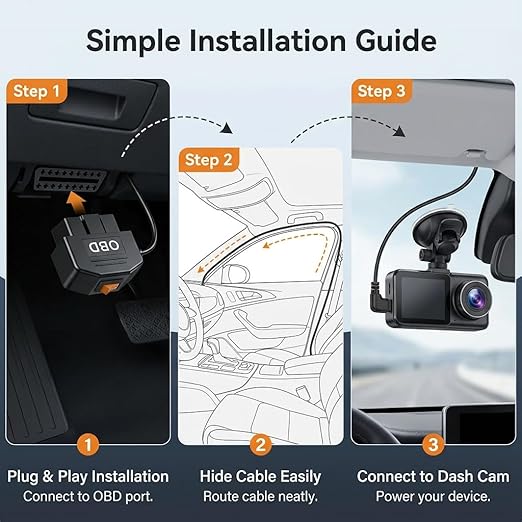 OBD2 Power Cable for Dash Camera, Type-C OBD Adapter with 24-Hour Parking Mode, Acc Mode, Low Voltage Protection, 11.48FT Cable for Dash Cams, GPS, DVR, and More, 12V-36V to 5V/3A