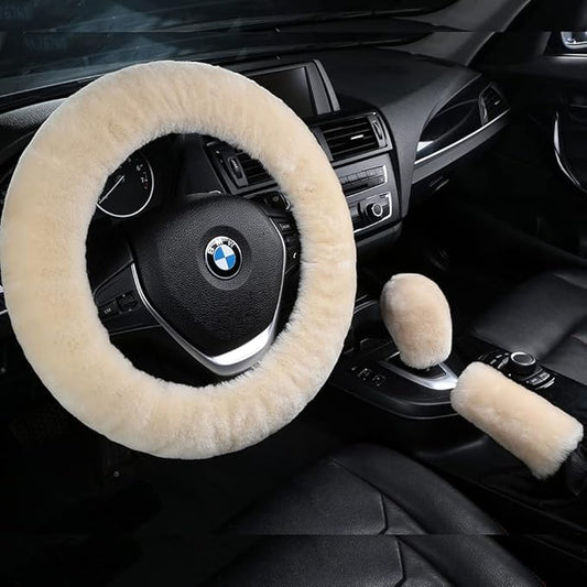 3Pcs/Set Pure Wool Fur Furry Steering Wheel Cover, Soft Fluffy Handbrake Cover Gear Shift Cover for Women Car SUV Truck Australia Sheepskin Accessories