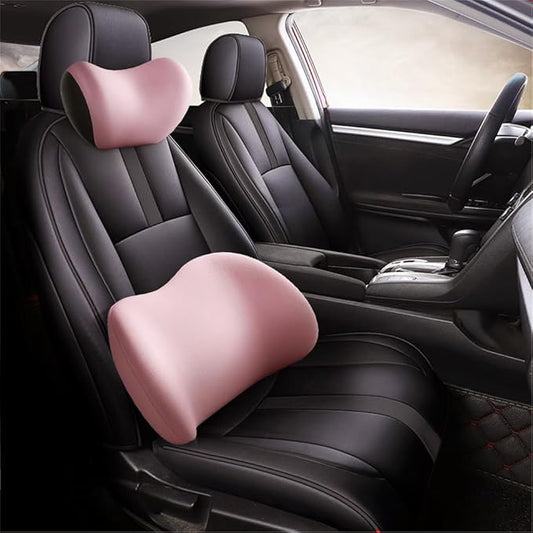 2025 New Car Headrest & Lumbar Support Cushion, Ergonomic Car Seat Headrest Neck Rest Cushion Lumbar Support Pillow Memory Foam & Breathable Removable Cover for Neck Back Pain Relief (Pink)