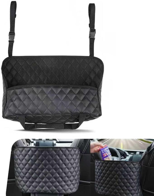 Car Purse Holder Between Seats with Front Pocket, Hanging Large Capacity Snack Cup Bag Document Storage Bag, Multi-functional Organizer for Travel, Auto Interior Backseat Barrier (Black)