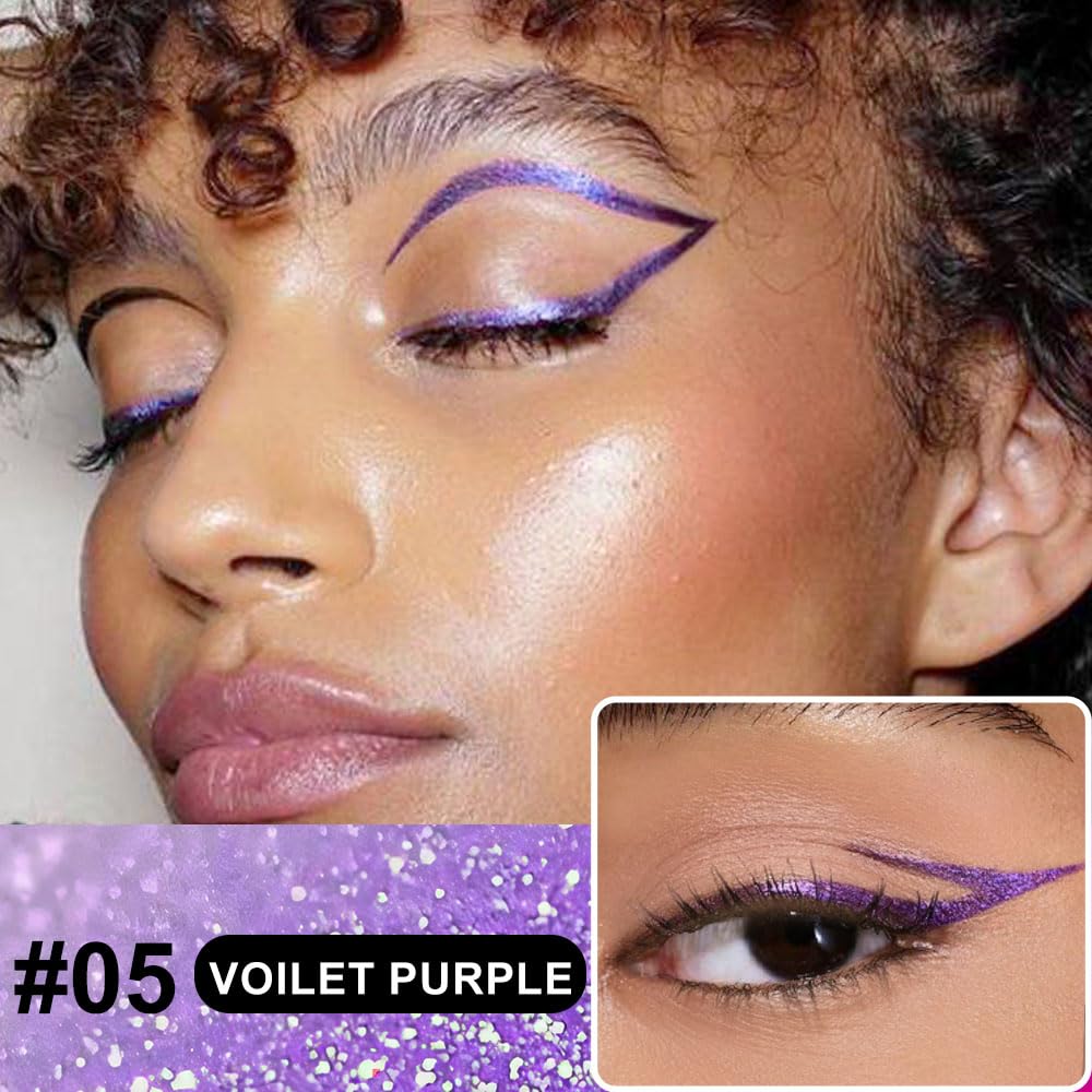 2PCS Metallic Glitter Coloured Liquid Eyeliner Pens Set03 – Waterproof Mark Emerald or Purple Long-Lasting Sparkly Eye Makeup – Tattoo-Effect Ink Liners for Women & Men, Delineador Líquido con Brillo
