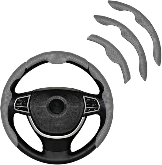 3PCS Car Steering Wheel Cover, Nappa Leather Breathable Non-Slip Segmented Steering Wheel Protector, Snap-on Auto Interior Decoration Accessories, Universal Fit (Gray)
