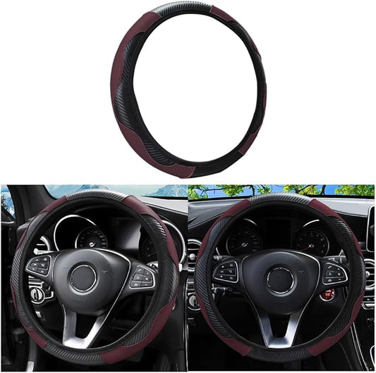 Car Steering Wheel Cover, Microfiber PU Leather Elastic Carbon Fiber Auto Steering Wheel Protector, 15 Inch Breathable Anti-Slip for Women Men, Car Interior Accessories for Most Cars (Black/Wine Red)