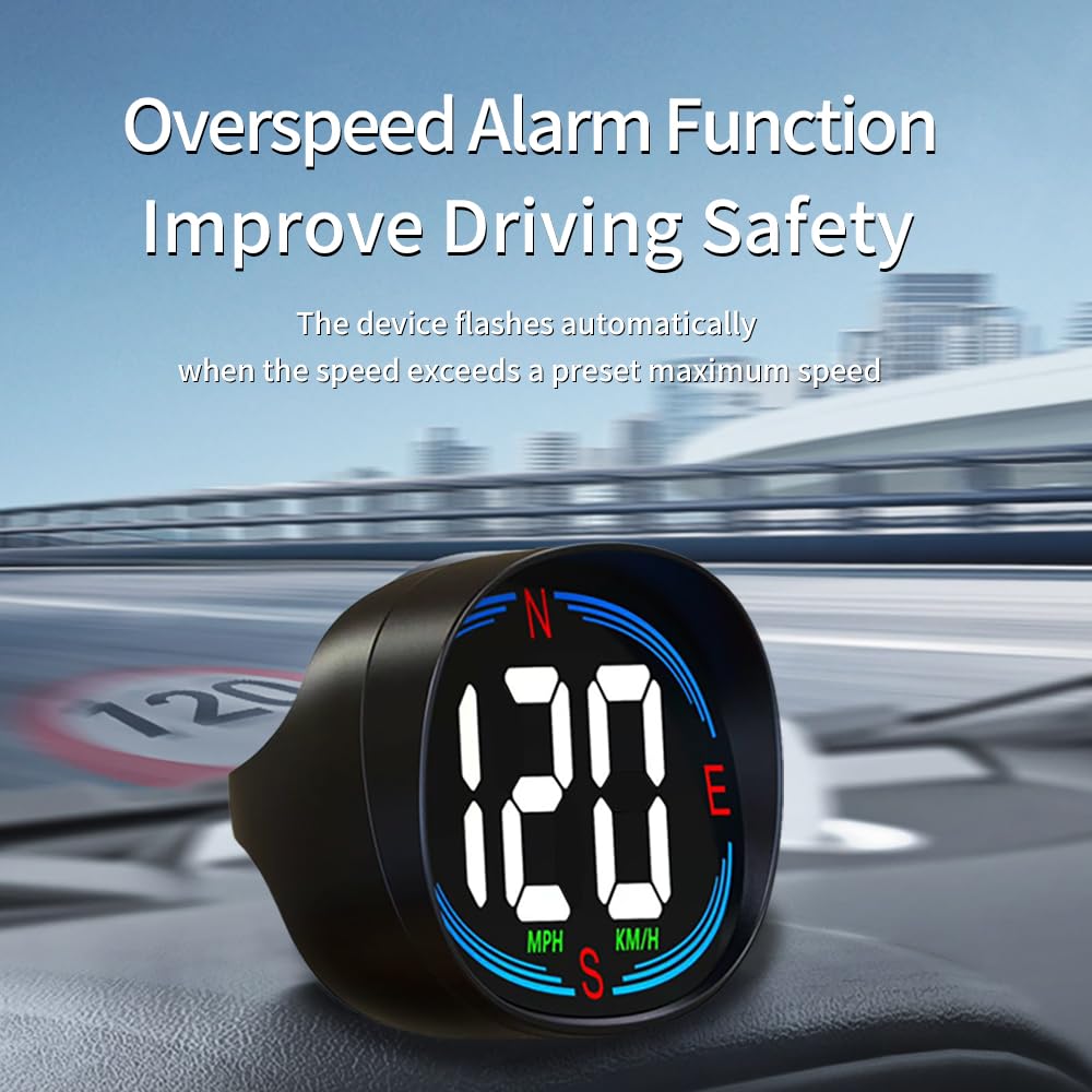 Universal HUD GPS Speedometer Plug and Play with USB Connection, Car Heads-up Display for All Vehicles, Displays MPH, Comes with Compass Over Speed Alert