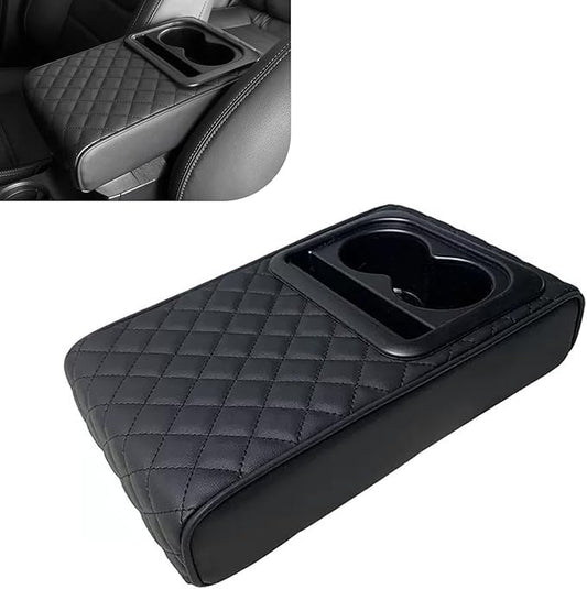 Car Center Console Armrest Pillow, 14"×8.3" Leather Memory Foam Armrest Cushion with Cup Holder & Phone Holder, Waterproof & Anti-Scratch Arm Rest Protector, Universal for Most Cars (Black)