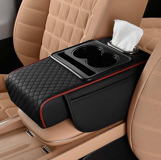 Car Armrest Cushion for SUV with Cup Holder 2.75"Height ,5-in-1 Center Console Cover with 2 Storage Bags , Tissue Box Slot, Phone Slot for Sedans, Car Accessories Interior Organizers (Black Red)