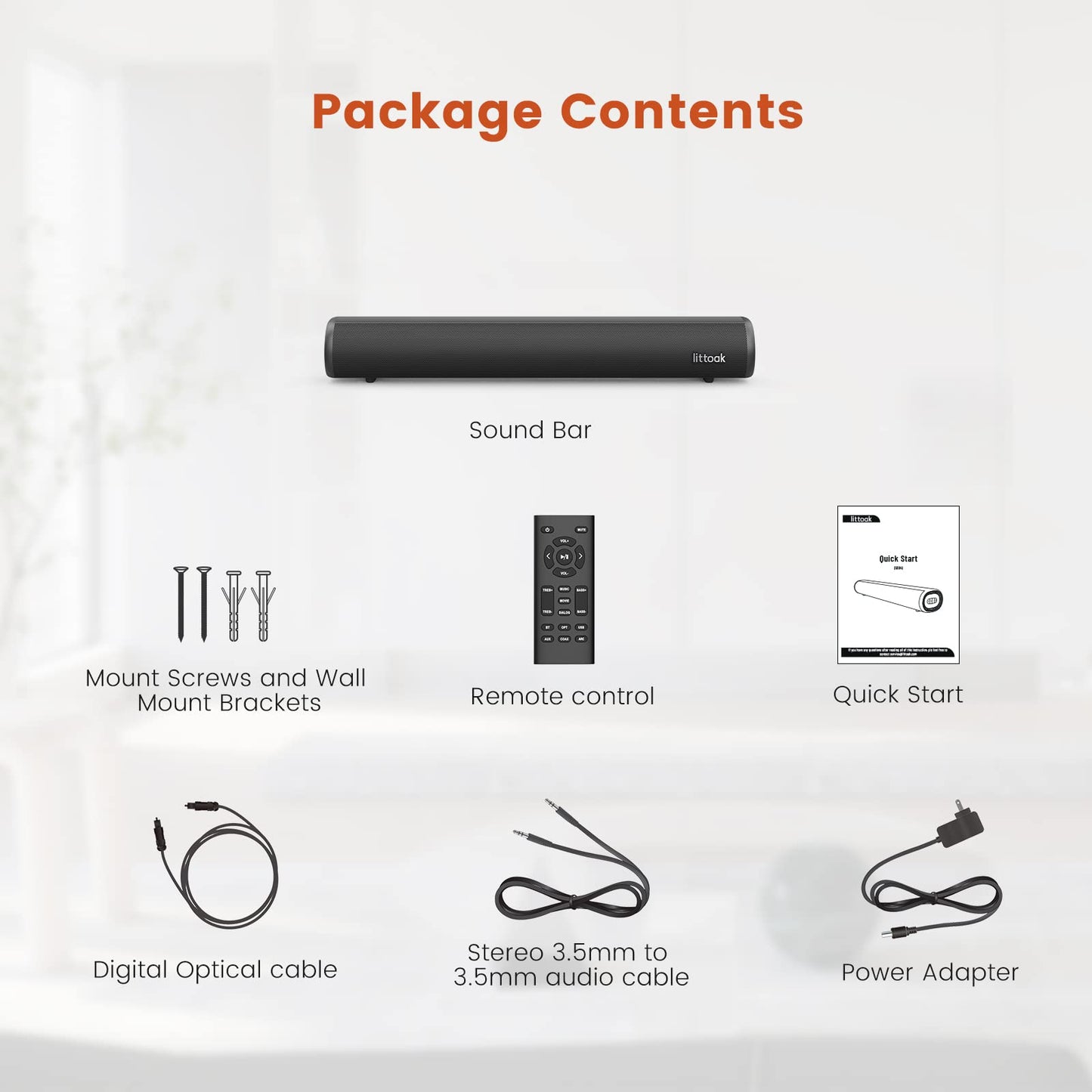 LITTOAK HDMI Sound Bar for TV, Bluetooth Small TV Soundbar Speaker, Optical/HDMI/Aux/Coax/USB/Bluetooth Connection for TV, PC, Projectors, Includes Remote Control, 16 inch