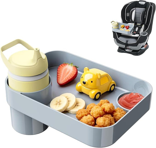 Car Seat Snack Tray for Toddlers - 3 Inch Cup Holder Fits Most Sippy Cups & Straw Bottles with Dip Well, Mess-Free Square Kids Travel Tray Road Trip Essentials, Grey