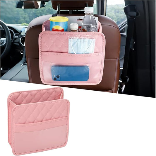Car Seat Back Organizer, Leather Multipurpose Automotive Hanging Storage Bag Pockets, Vehicle Interior Backseat Trash Bag Can Organizer Accessories, Universal for Most Cars (Pink)