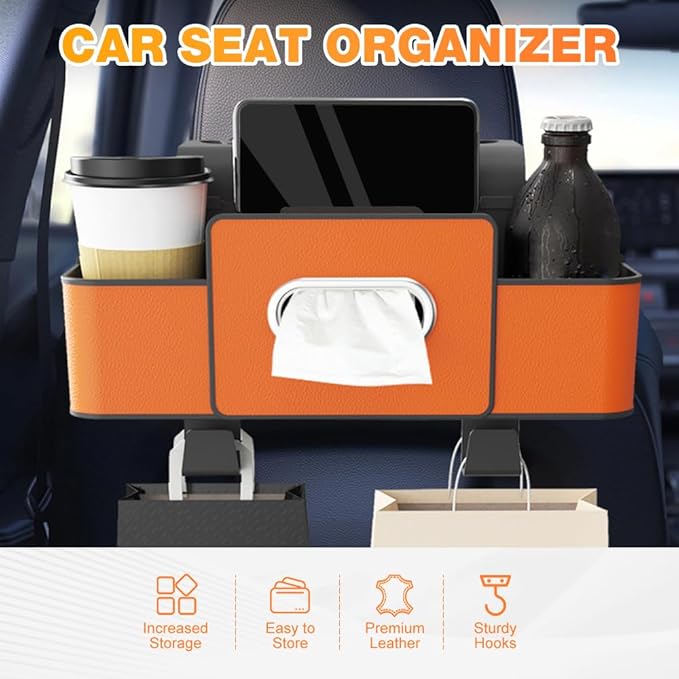 3-in-1 Car Backseat Organizer with Cup Holder, Tissue Box, Trash Bin & Hooks,Multifunctional Back Seat Car Organizer for Hold Phones,Snacks,Drinks,and Handbags (Orange)