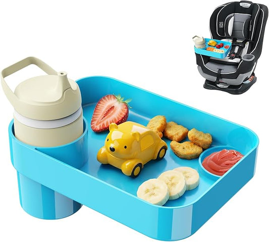 Car Seat Snack Tray for Toddlers - 3 Inch Cup Holder Fits Most Sippy Cups & Straw Bottles with Dip Well, Mess-Free Square Kids Travel Tray Road Trip Essentials, Sky Blue