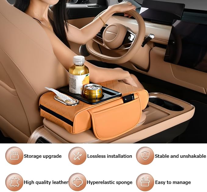 Car Armrest Cushion,5-in-1 Center Console Cover with 2 Storage Bags Cup Holder, Tissue Box Slot, Phone Slot for Sedans, Car Accessories Interior Organizers (Beige)