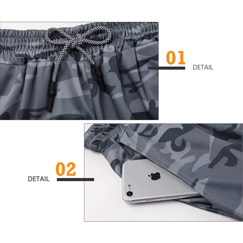 Surenow Men's Running Shorts Quick Dry Workout Gym Shorts Athletic 2-in-1 Stealth Shorts Outdoor Short for Men with Pockets Camouflage Grey