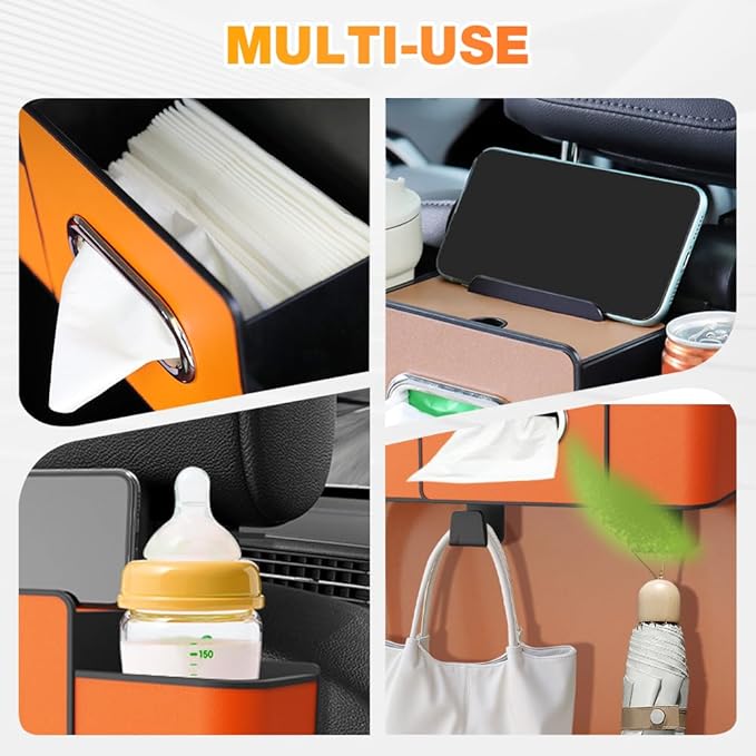Back Seat Car Organizer,3 in 1 Car Backseat Storage Box with Cup Holder,Tissue Box,Trash Bin&Hooks,Multifunctional Waterproof Storage for Hold Phones Snacks Drinks Handbags (1, White)