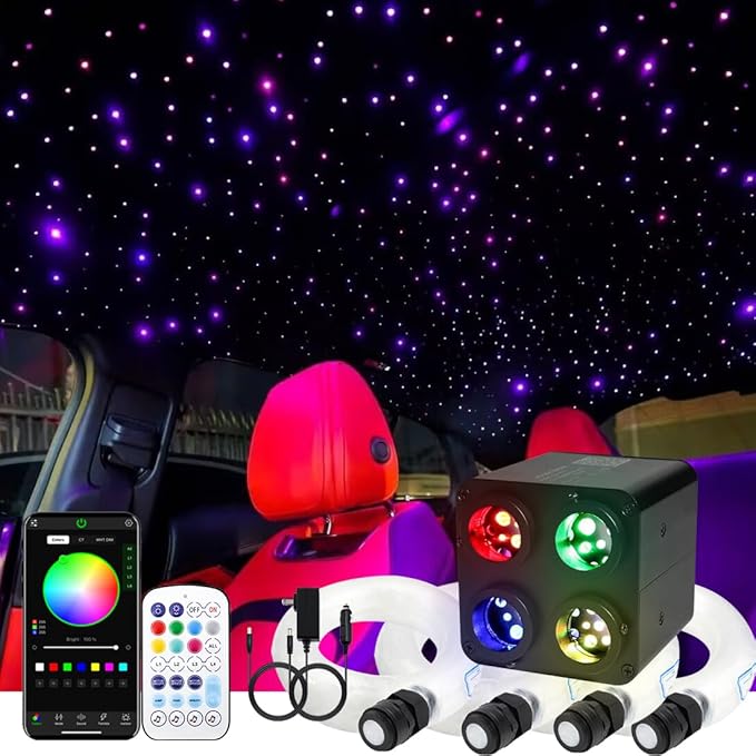 AZIMOM 4Port 36W Twinkle 600pcs 0.03in 9.8ft Fiber Optic Starlight Headliner Kits 4Colors Light Source Sound Activated Remote APP Control Home Indoor Ceiling Car Headliner Decoration