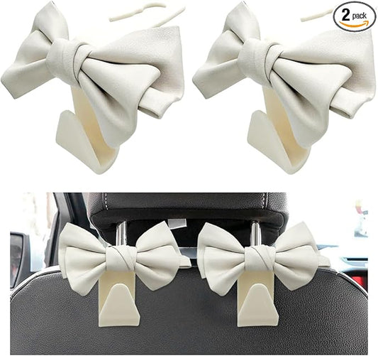 2PCS Purse Holder for Car Hooks, Cute Bow Car Seat Headrest Hooks Handbag Hanger, Bow Knot Auto Back Seat Organizer Storage Hook for Purse Bags Umbrellas, Car Accessories (White)