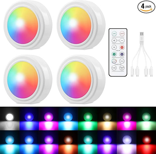 4PCS Wireless Car LED Lights with Remote Control, 16 Colors Interior Car Led Puck Lights, Rechargeable Ambient Lighting Kit with Dimmer & Timer, Inside Night Lamp for Vehicle Home Decoration