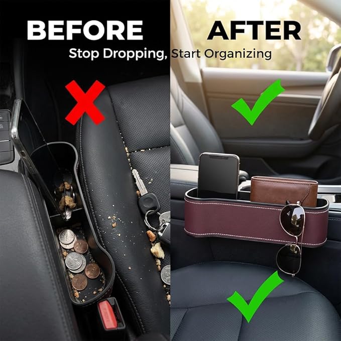Car Seat Gap Filler Organizer, 2026 New Premium Leather Console Organizer for Holding Phone, Sunglasses, Auto Console Side Storage Box with Cup Holders 2 Seat Hooks for Drink (Brown, 1Set)