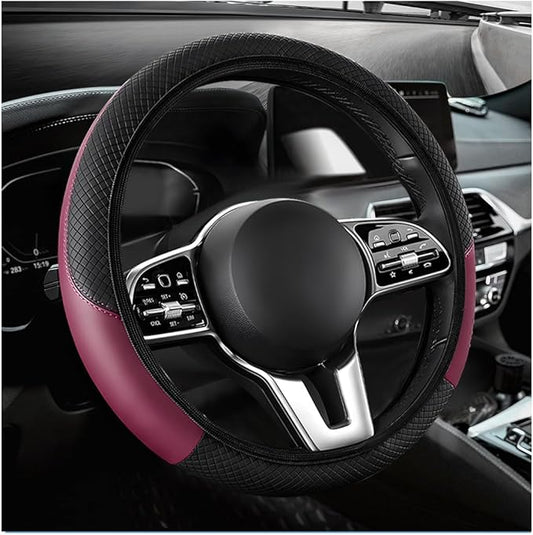 Car Steering Wheel Cover, 15 Inch Anti-Slip Stretch Leather Steering Wheel Protector, Comfortable Breathable Sporty Steering Wheel Cover for Women Men, Car Accessories (Wine Red, AD)