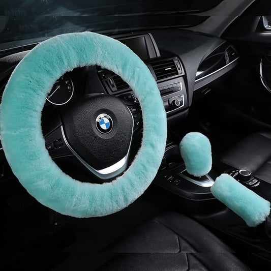 3Pcs/Set Pure Wool Fur Furry Steering Wheel Cover, Soft Fluffy Handbrake Cover Gear Shift Cover for Women Car SUV Truck Australia Sheepskin Accessories, Light Green