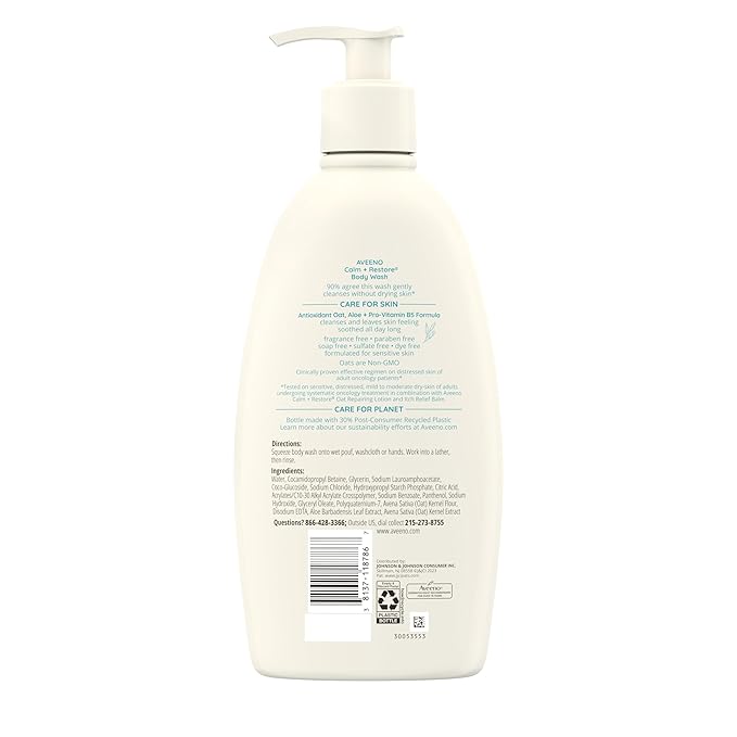 Aveeno Calm + Restore Daily Body Wash for Sensitive, Delicate Skin, Gentle Cleanser with Oat, Aloe & Pro-Vitamin B5 Soothes & Leaves Skin Feeling Nourished, Fragrance Free, 18 fl. oz