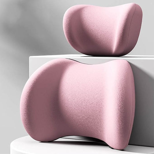 Car Headrest & Lumbar Support Cushion, Ergonomic Car Seat Headrest & Lumbar Cushion with Adjustable Strap for Neck Back Pain Relief, Memory Foam & Breathable Car Head Lumbar Rest Set (Pink)