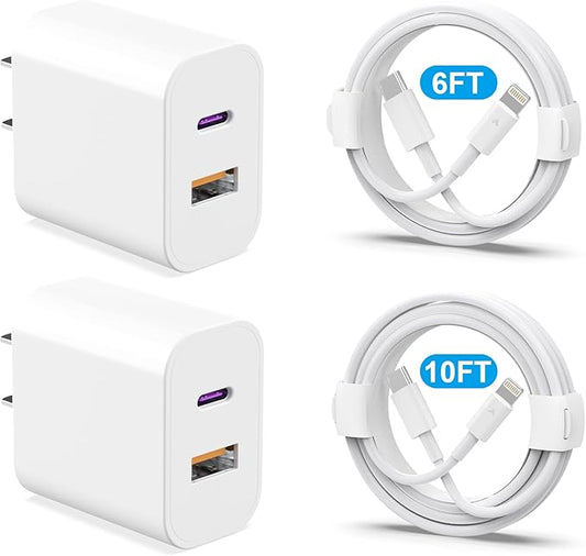 20W Dual Port Fast Charger Block 2-Pack with 6FT & 10FT MFi-Certified Cables, PD/QC3.0 Quick Charge Adapter for iPhone 14/13/12/11 Pro Max/XS/XR/X, iPad, AirPods Pro - Overheat & Surge Protection