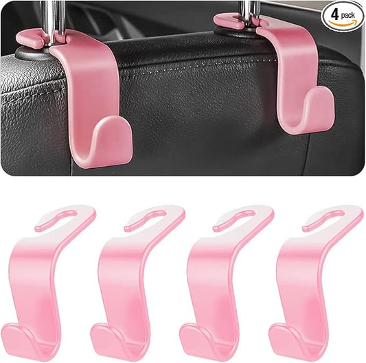 Car Back Seat Headrest Hooks, 4PCS Vehicle Backseat Storage Organizer Hanger, Multifunctional Auto Headrest Hidden Hook Universal for Handbag Purse Backpacks Bags and Groceries (Pink)
