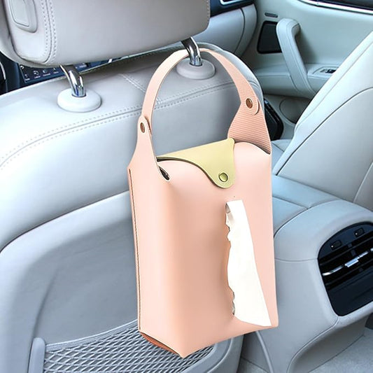 Car Tissue Holder, Large Car Headrest Hanging Tissue Box Cover, PU Leather Auto Napkin Holder, Universal Vehicle Backseat Paper Organizer for Cars Sun Visor (Pink)