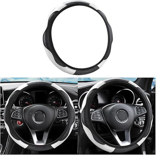 Car Steering Wheel Cover, Microfiber PU Leather Elastic Carbon Fiber Auto Steering Wheel Protector, 15 Inch Breathable Anti-Slip for Women Men, Car Interior Accessories for Most Cars (Black/White)