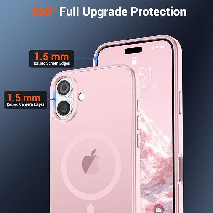 SUPFINE Magnetic for iPhone 16 Case with Screen Protector (Compatible with MagSafe) (Military Grade Drop Protection) Translucent Matte Shockproof Phone Cover,Light Pink