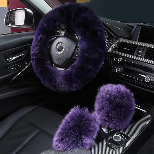 3Pcs Set Fashion Fluffy Fuzzy Wool Fur Soft Car Steering Wheel Cover with Handbrake Cover & Gear Shift Cover for Women/Girls/Ladies Auto Long Wool Accessories