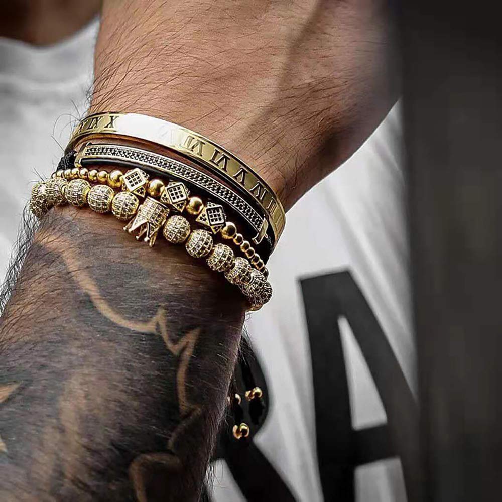 WFYOU Imperial Crown Bracelet for Men & Women, 18kt Gold Bangle, Cubic Zirconia Beads, Cross Charm, Luxury Gift (Gold-Large)