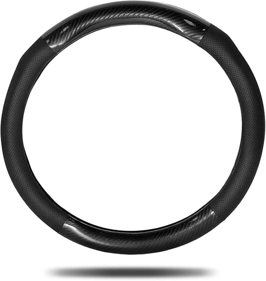 Car Steering Wheel Cover Black, Non-Slip Wear-Resistant Carbon Fiber Steering Wheel Cover, Breathable Drilled O-Type Leather Sleeve, Universal Car Interior Accessories for Most Vehicle