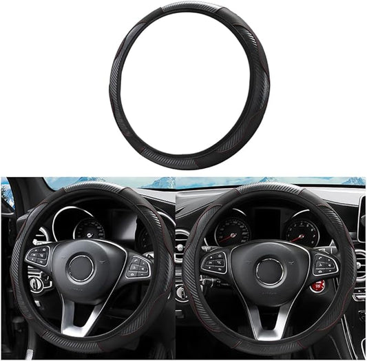 Car Steering Wheel Cover, Microfiber PU Leather Elastic Carbon Fiber Auto Steering Wheel Protector, 15 Inch Breathable Anti-Slip for Women Men, Car Interior Accessories for Most Cars (Black)