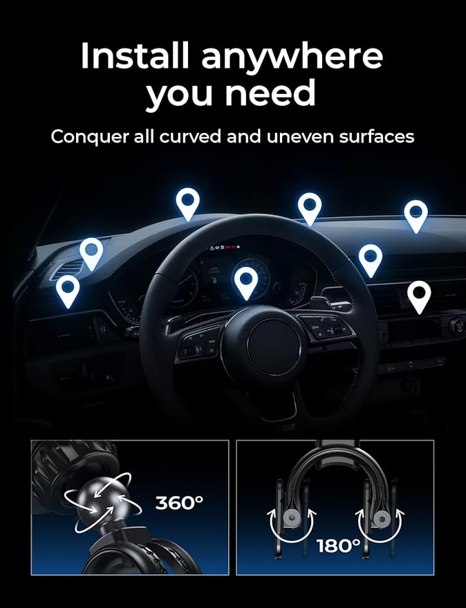 LISEN Magnetic Car Phone Mount for iPhone and Android with 6 Magnets and Adjustable Arch Design, Black