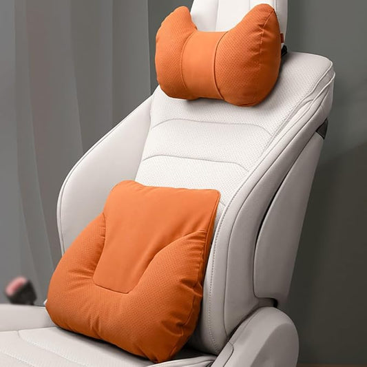 Car Neck Pillow Set for BMW M5 Touring 2025, Leather Car Headrest Lumbar Support Waist Backrest Head Support Cushion,Orange